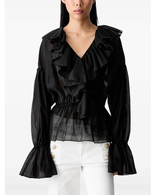 ViCOLO Black Ruffled V-Neck Blouse