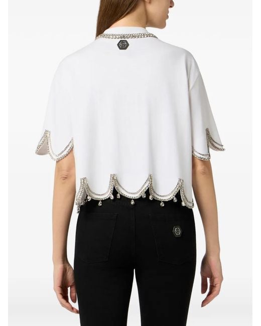 Philipp Plein White Crystal Waves Cropped T-Shirt