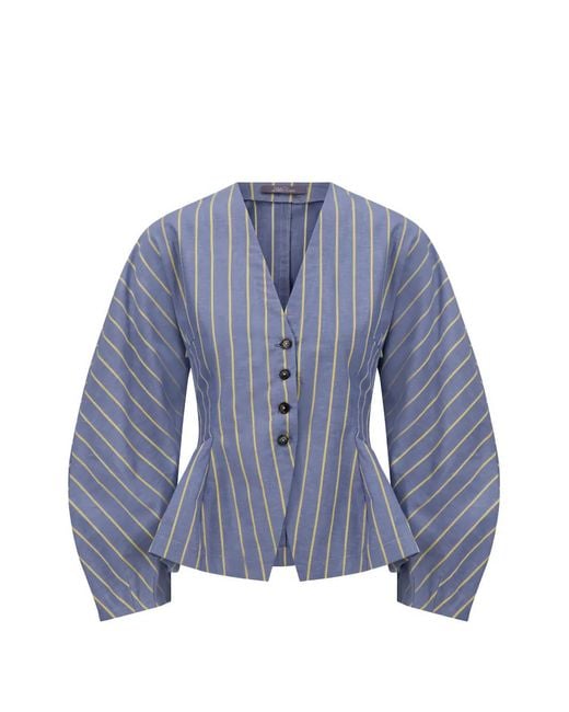 Lela Rose Blue Striped V-Neck Blouse