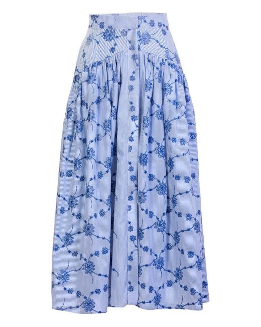 Silvia Tcherassi Blue Narel Embroidered Striped Midi Skirt