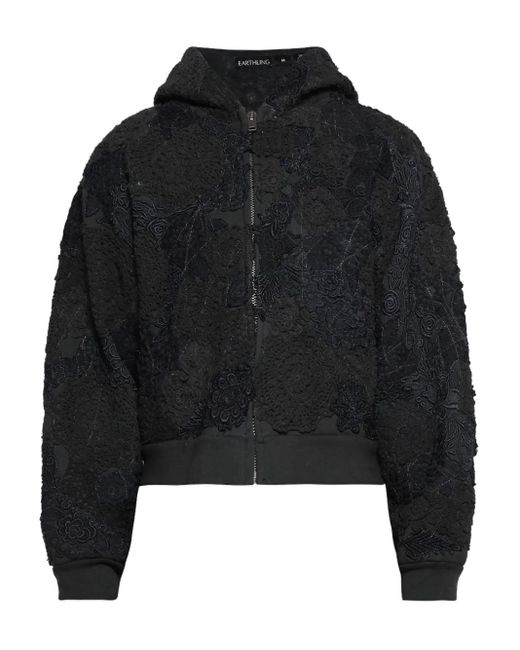 Earthling VIP Black Floral-Embroidered Zip-Up Hoodie for men