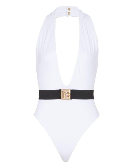 Balmain White Neckholder-Badeanzug mit Logo-Schild