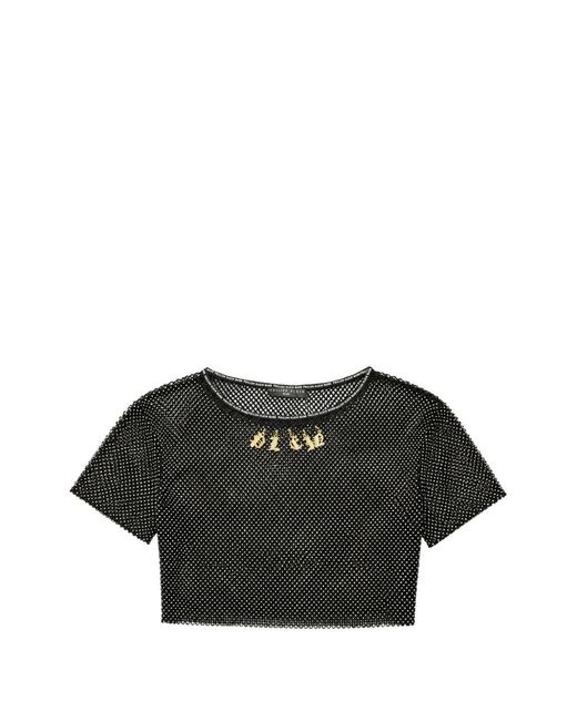 Philipp Plein Black Mesh Cropped Top Crystal-Charms