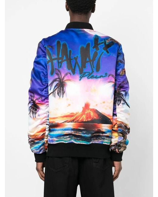 Philipp Plein Blue Hawaii Printed Bomber Jacket for men