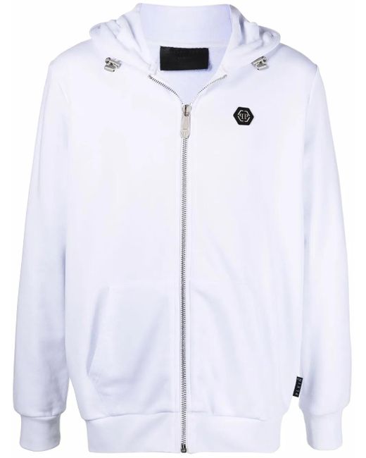 Philipp Plein Blue Embellished Skull Logo-Print Zip Hoodie for men