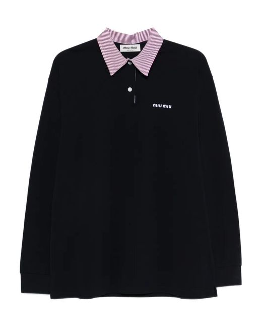 Miu Miu Black Striped-Collar Polo Top