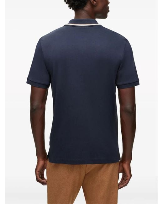 Boss Blue Logo-Print Striped-Trim Cotton Polo Shirt for men