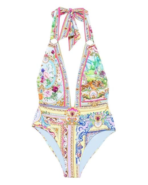Camilla White Halter-Neck Print Swimsuit