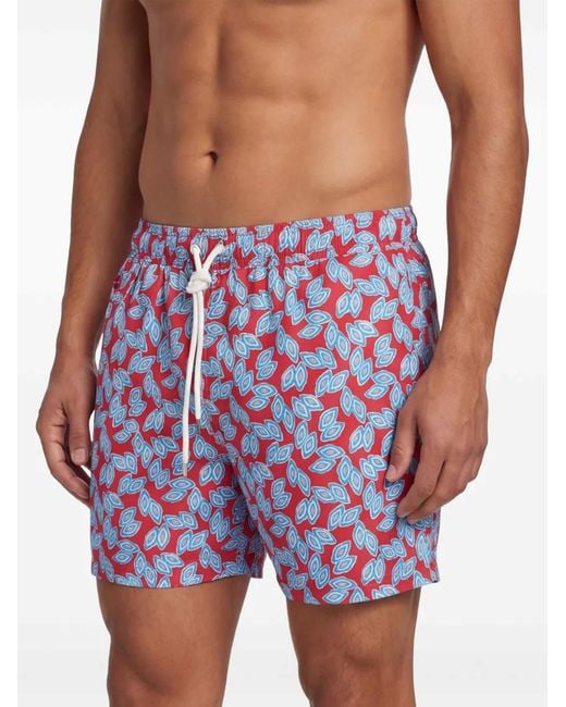 Kiton Blue Geometric-Print Drawstring Swim Shorts for men