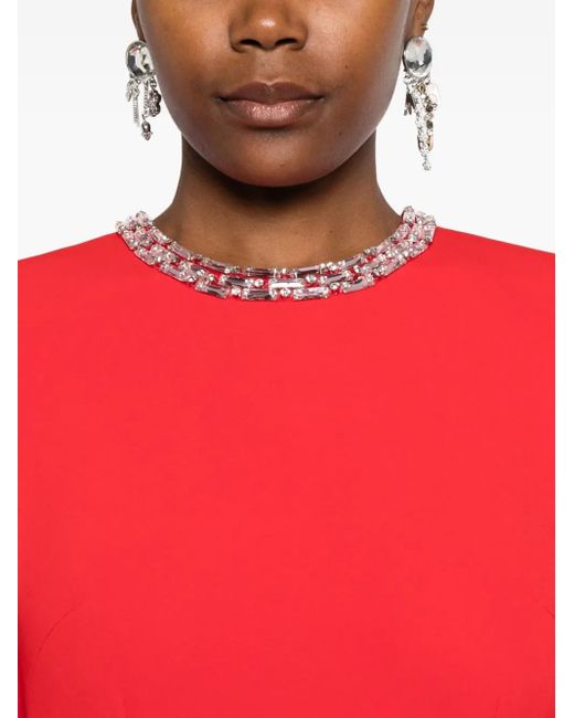 Dina Melwani Red Embellished-rose Maxi Dress