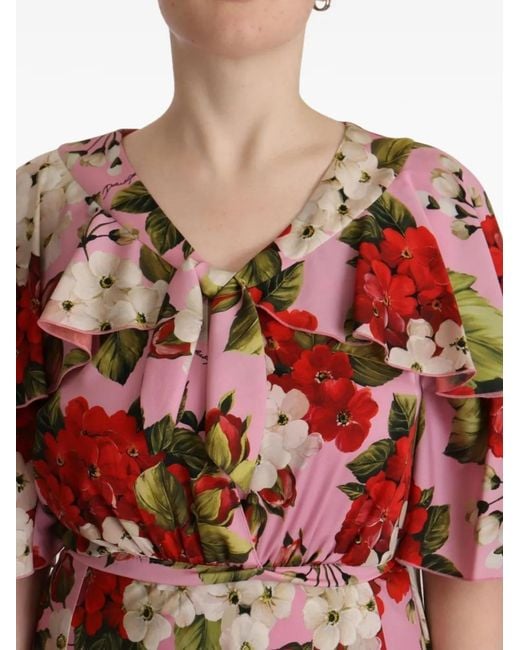 Dolce & Gabbana Red Robe Volantée À Fleurs