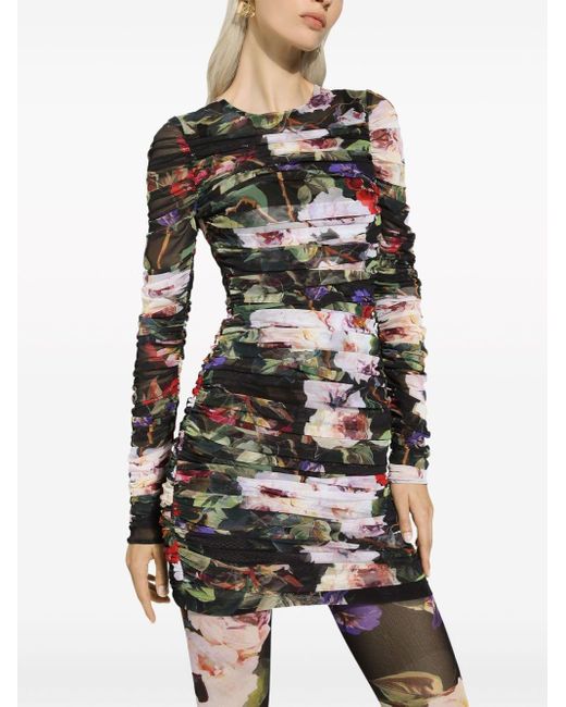 Dolce & Gabbana Black Floral Print Ruched Mini Dress