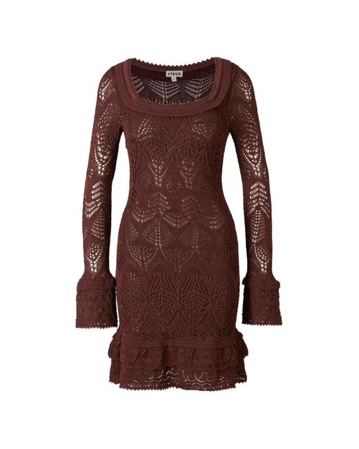 Staud Brown Crochet-Knit Ruffled Mini Dress