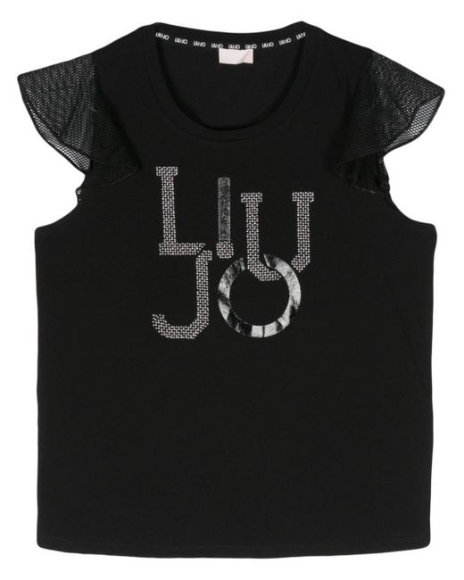 Liu Jo Black Kristallverziertes T-Shirt mit perforiertem Detail