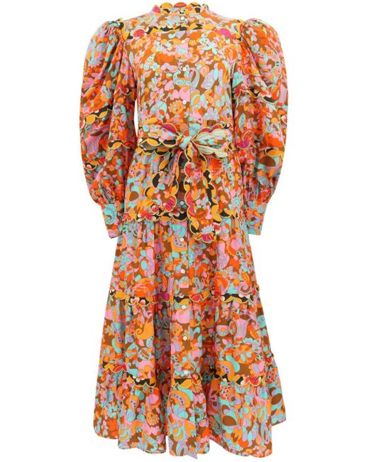 Celiab Orange Gualda Floral-print Midi Dress