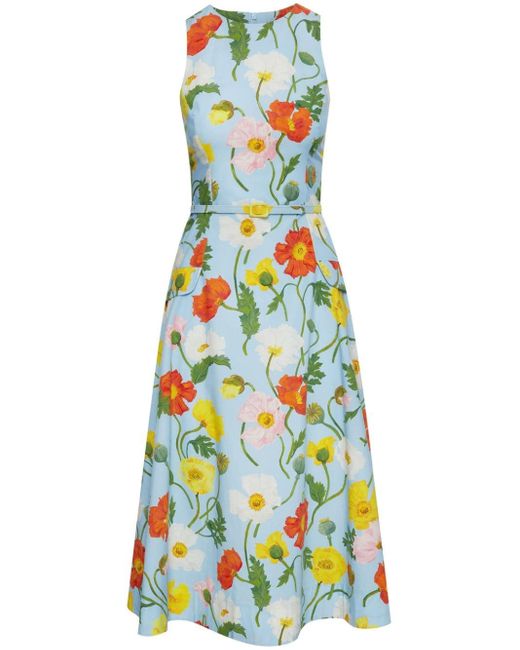 Oscar de la Renta White Painted Poppies-print Poplin Midi Dress