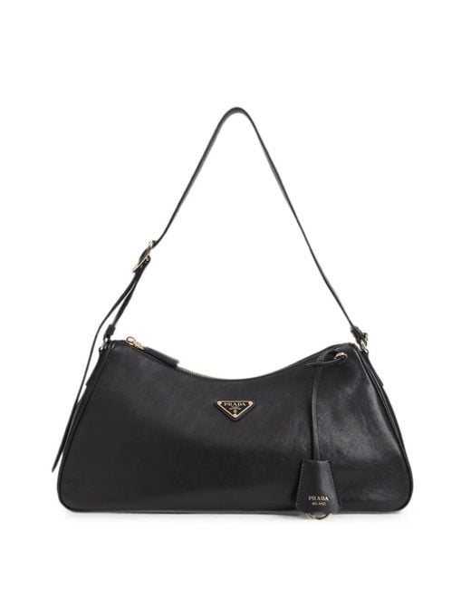 Prada Black Logo-Plaque Calf Leather Shoulder Bag