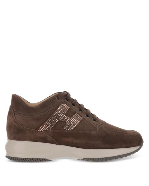 Hogan Brown Crystal-Embellished Suede Sneakers