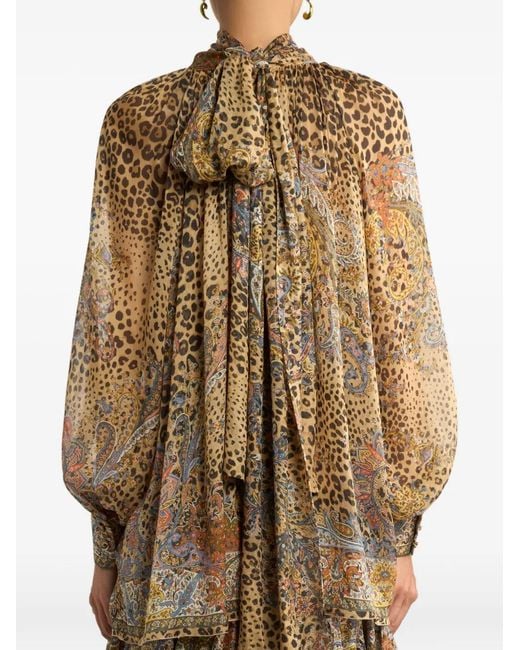 Etro Brown Silk Blouse With Silk Scarf And Paisley And Animal Motif