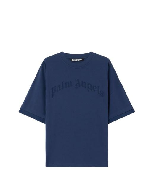 Palm Angels Blue Embroidered Curved-Logo Double T-Shirt for men