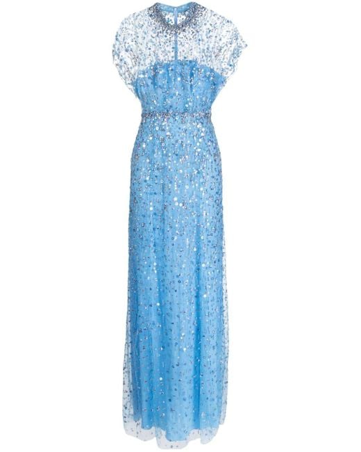 Jenny Packham Crystal Drop スパンコールトリム イブニングドレス Blue
