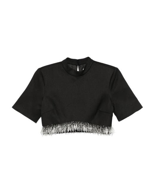 Jonathan Simkhai Black Fringe-Trimmed Short-Sleeve Top