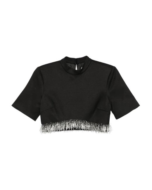 Jonathan Simkhai Black Fringe-Trimmed Short-Sleeve Top