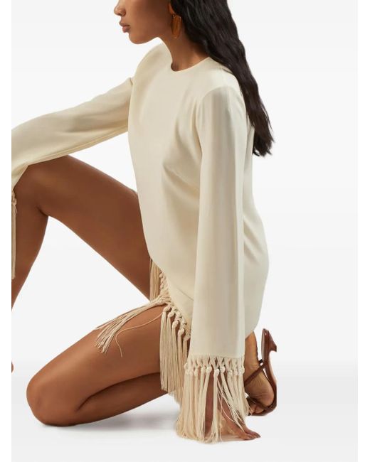 Taller Marmo Natural Fringe-Trimmed Mini Dress