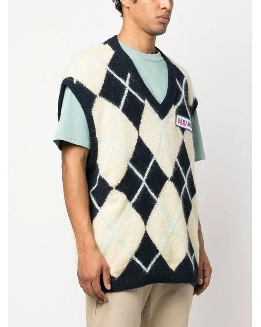 Palm Angels Blue Logo-Patch Argyle Knitted Vest for men