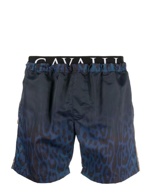 Roberto Cavalli Blue Leopard Print Logo-Waistband Swim Shorts for men