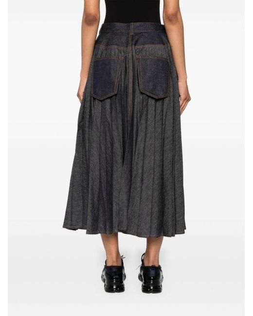 Sacai Gray Pleated Denim Midi Skirt