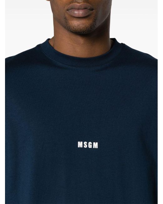 MSGM Blue Logo-print Long-sleeve Cotton T-shirt for men
