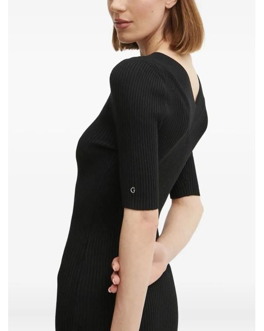 Robe Mi-Longue Côtelée À Col V Guess en coloris Black