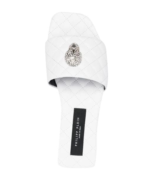 Philipp Plein White Crystal-Skull Matelassé Slides