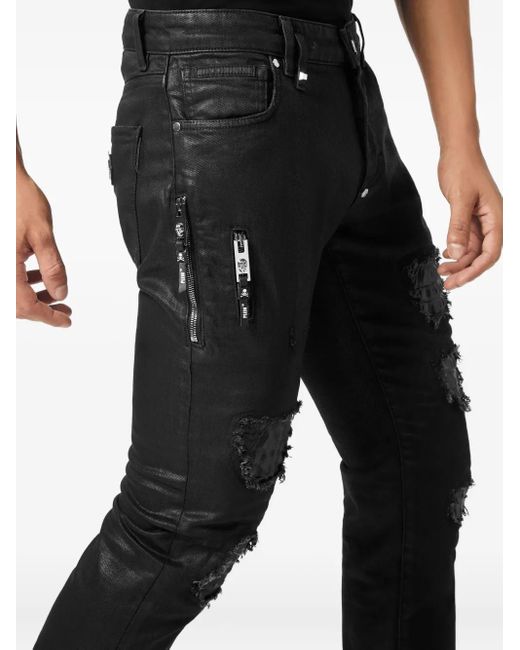 Philipp Plein Black Distressed Slim-Fit Jeans for men