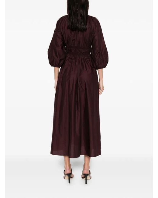 Matteau Purple Shirred Plunge Button Midi Dress