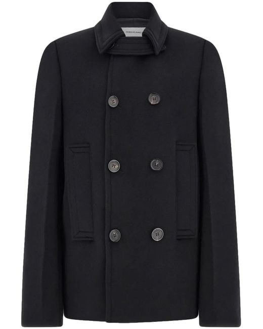 Ferragamo Black Virgin Wool-Blend Double-Breasted Peacoat for men