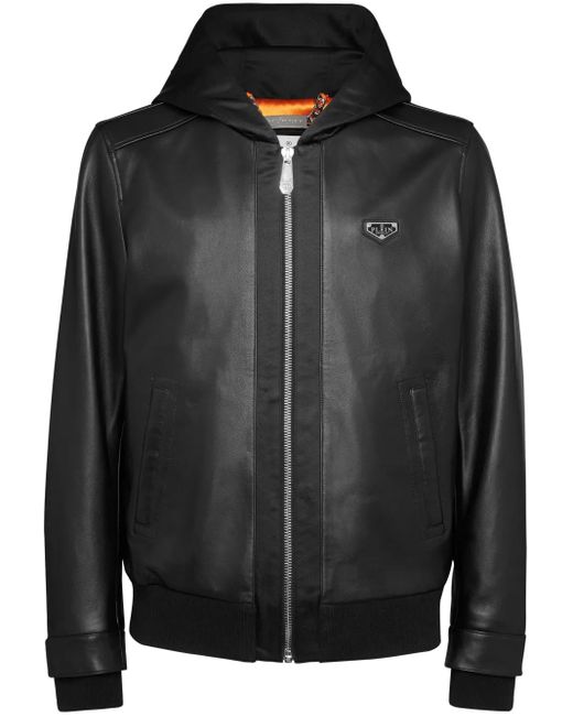 Philipp Plein Black Leather Hooded Bomber Jacket for men