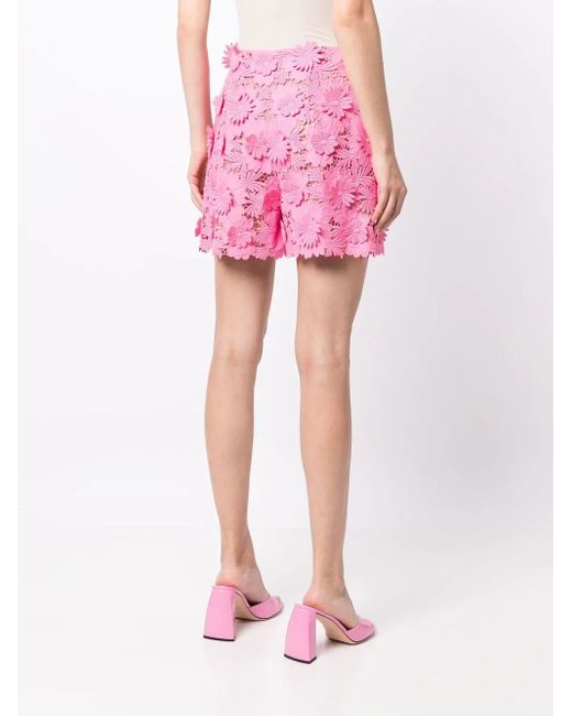 Oscar de la Renta Pink Floral-Lace High-Waisted Shorts