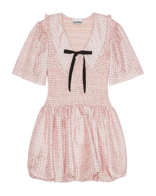 Ganni Pink Ruffled Smocked Mini Dress