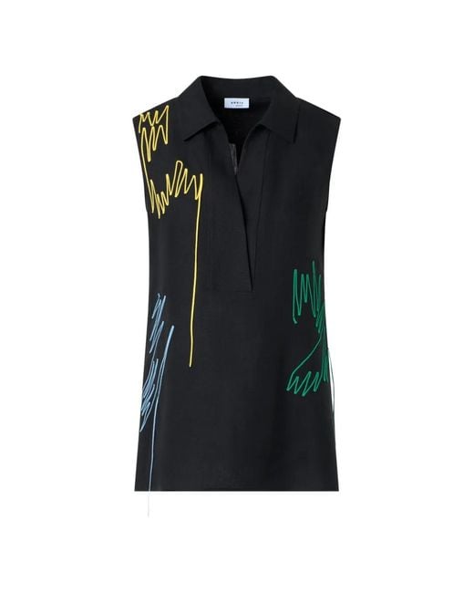 Akris Punto Black Scribble-Embroidery Sleeveless Blouse