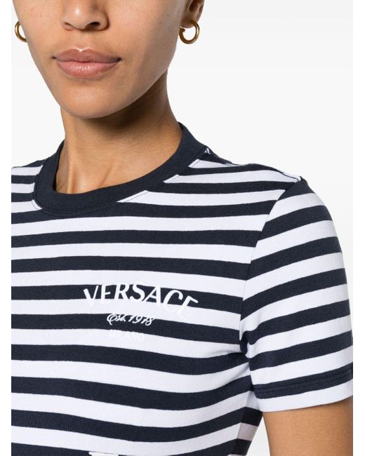 Versace Blue Gestreiftes T-Shirt mit Logo-Stickerei