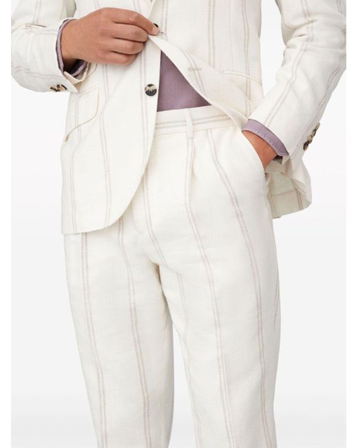 Brunello Cucinelli White Stripe-Pattern Button-Fastening Tapered Trousers for men