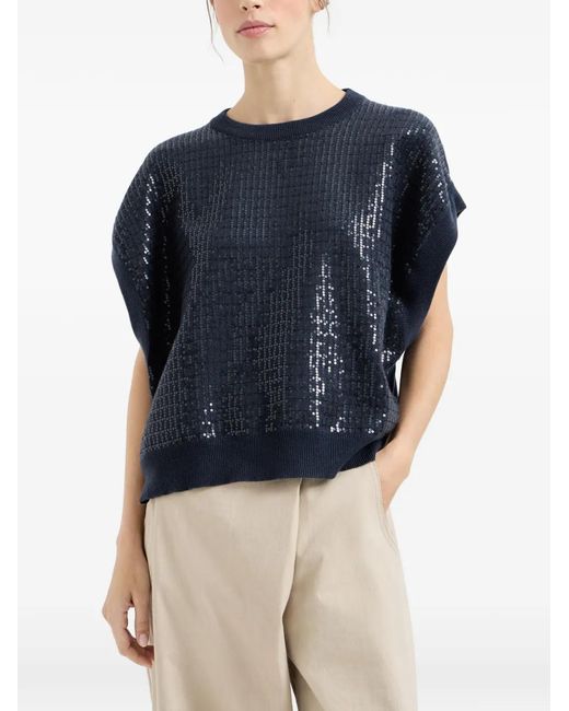 Brunello Cucinelli Blue Dazzling Check-Pattern Top