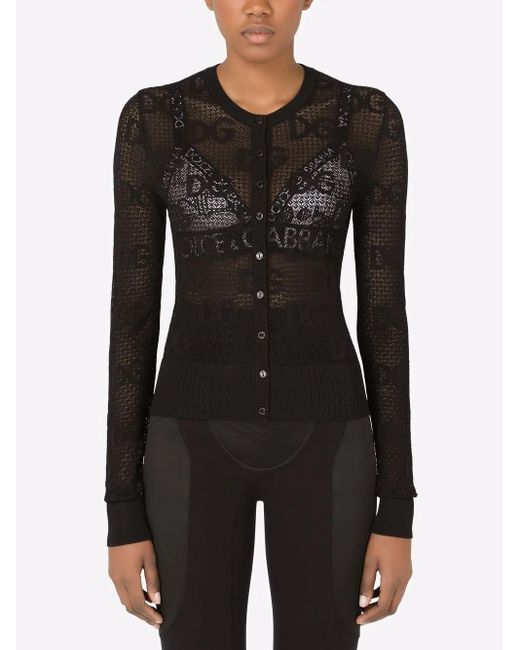 Dolce & Gabbana Black Dg-Logo Lace-Stitch Cardigan