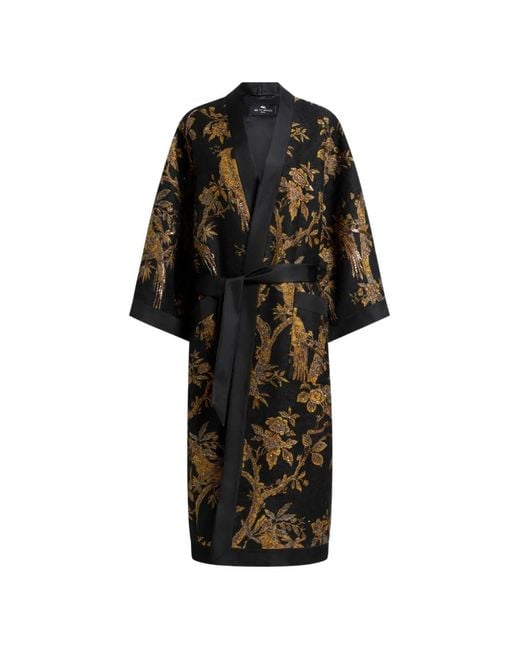 Etro Black Kimono Coat With Beads And Nature Embroidery