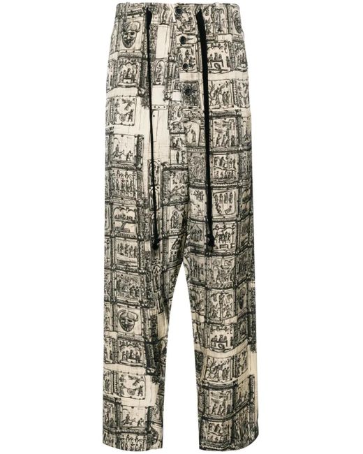 Uma Wang Natural Graphic-Print Straight-Leg Trousers for men