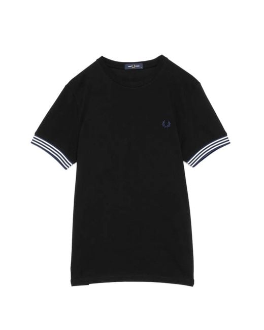 Fred Perry Black Logo-Embroidered Striped Cuffs T-Shirt for men