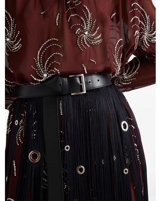 Prada Blue Midi-Skirt With Fringe And Grommet Embellishment