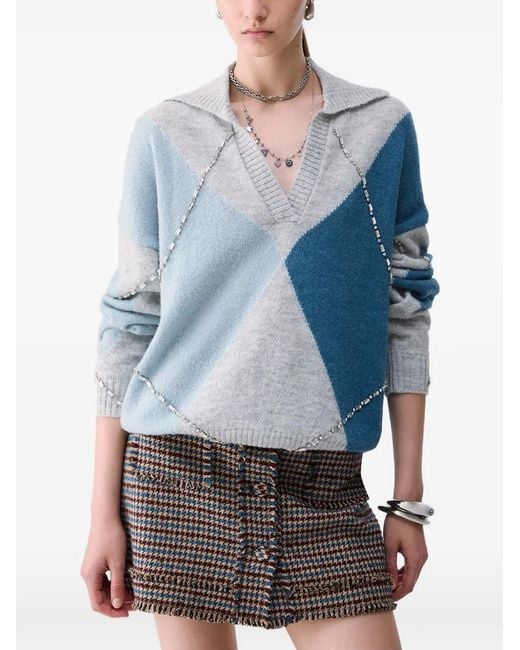 Liu Jo Blue Argyle Polo With Jewel Embroidery